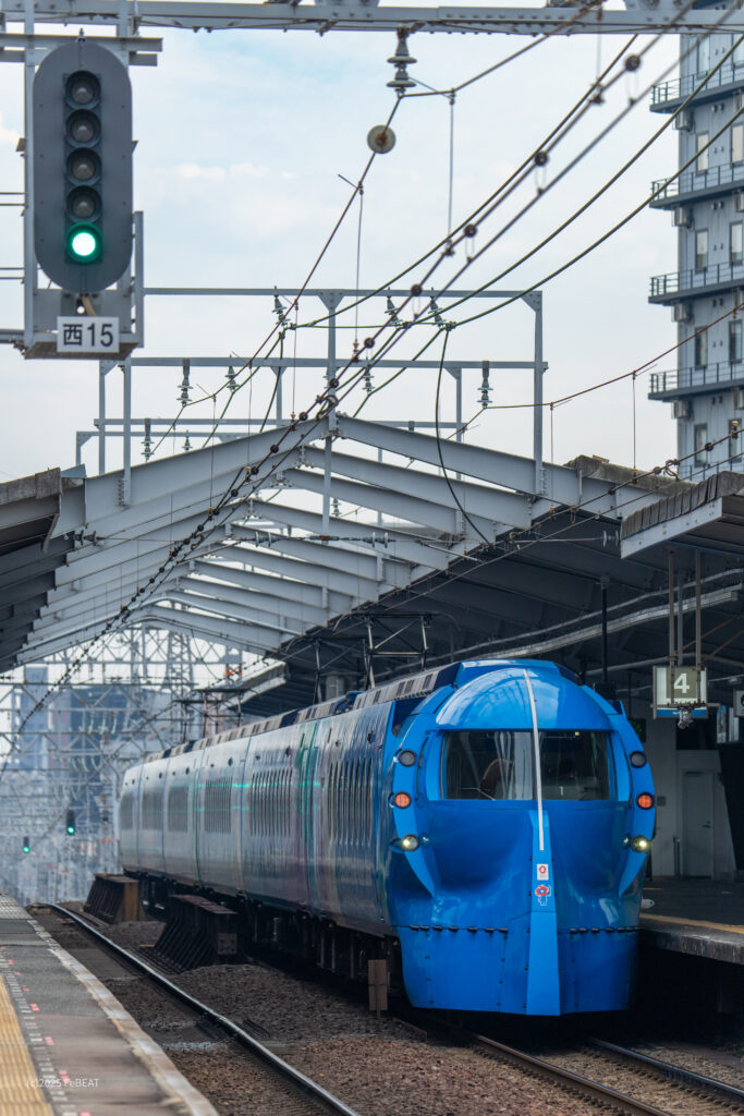 南海本線の新今宮駅に停車する50000系ラピート「大阪・関西万博ラッピング」編成