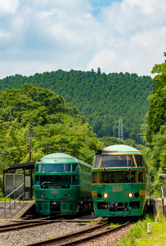 久大本線の野矢駅で離合するキハ71系とキハ72系