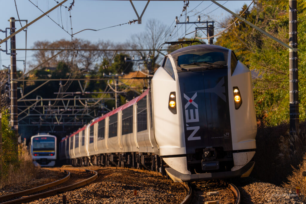 朝日が照らすなか総武本線を物井から佐倉へと走るE259系「成田エクスプレス」と離合する209系