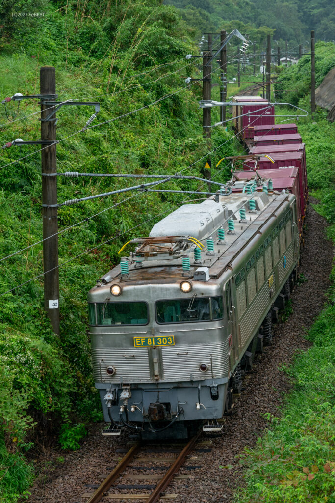 日豊本線を直川から重岡へと走るEF81形牽引の貨物列車