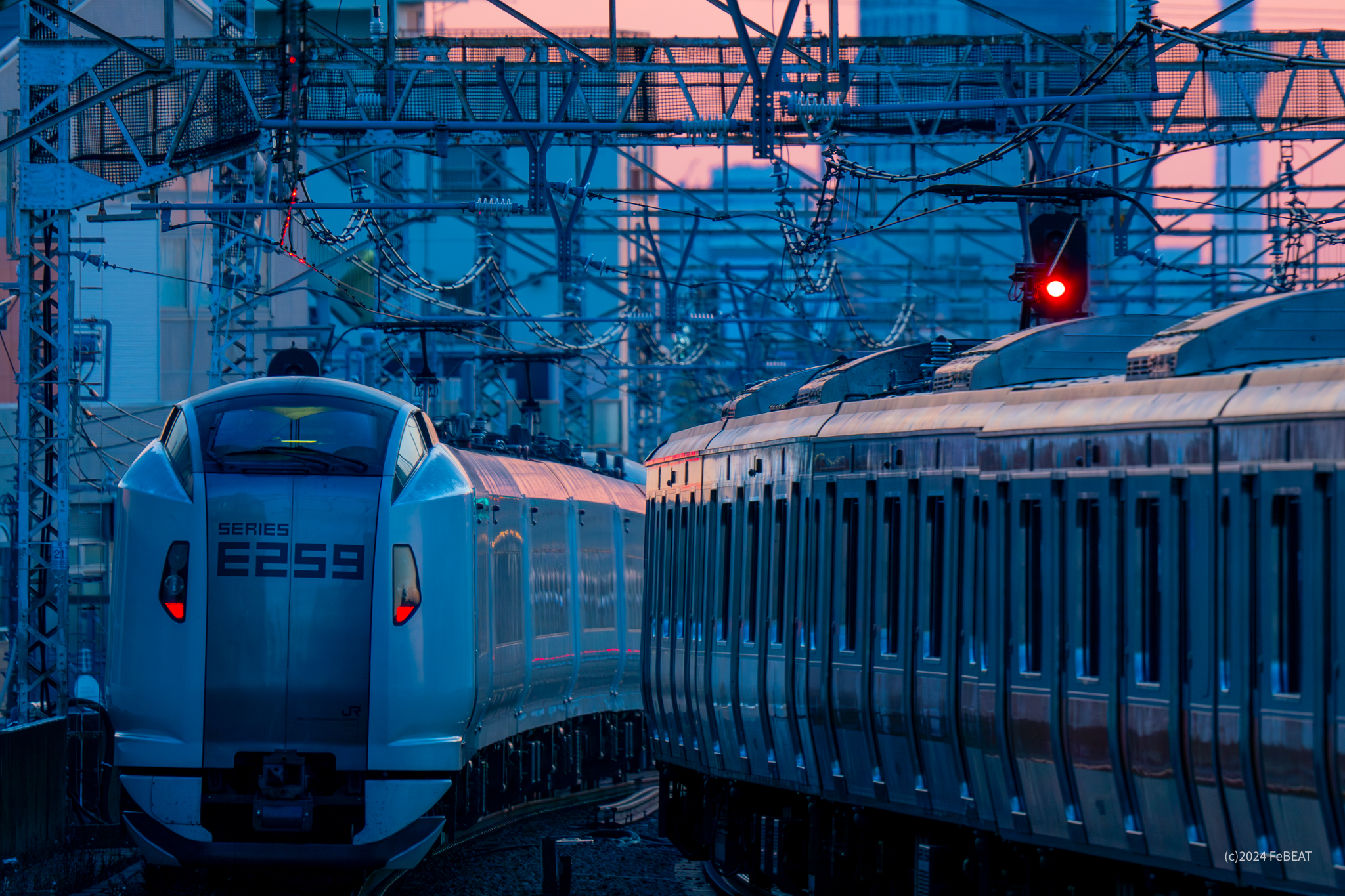 朝焼けの空にスカイツリーの見える中央快速線を吉祥寺から西荻窪へと走るE259系「成田エクスプレス」と離合するE233系