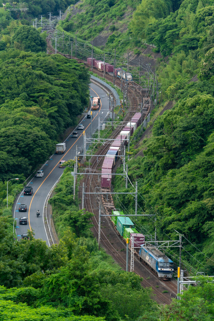 東海道本線を真鶴から根府川へと走るEF210形機関車牽引の貨物列車