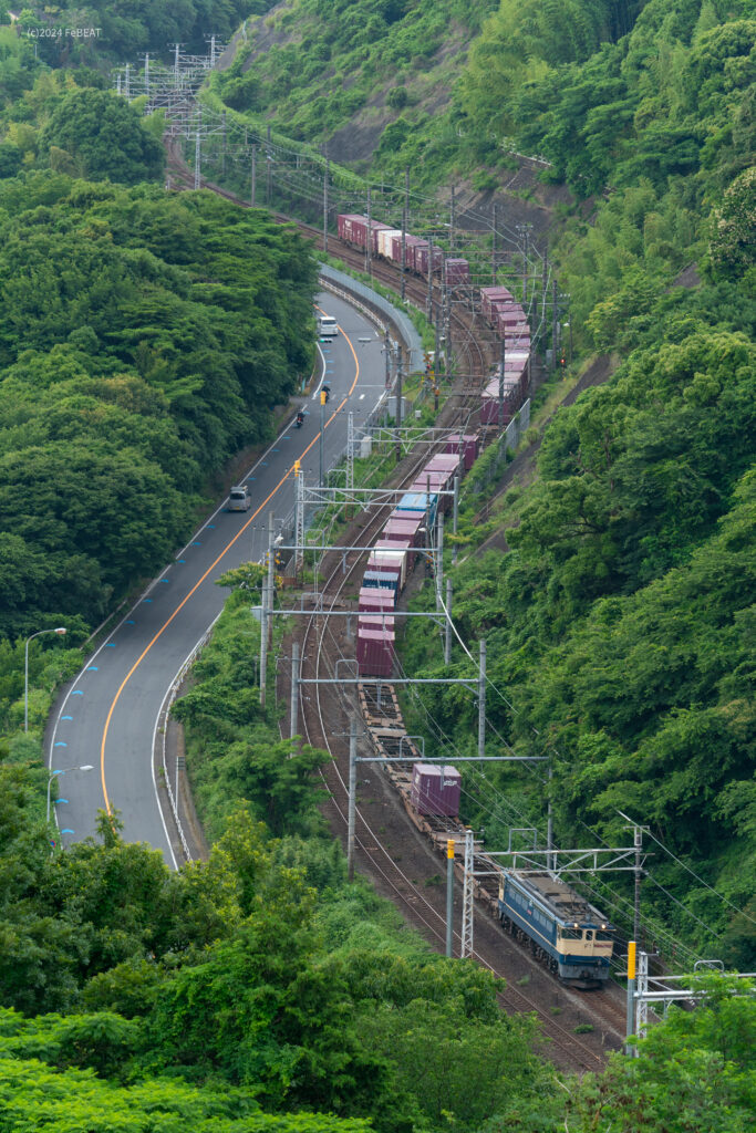 東海道本線を真鶴から根府川へと走るEF65形機関車牽引の貨物列車