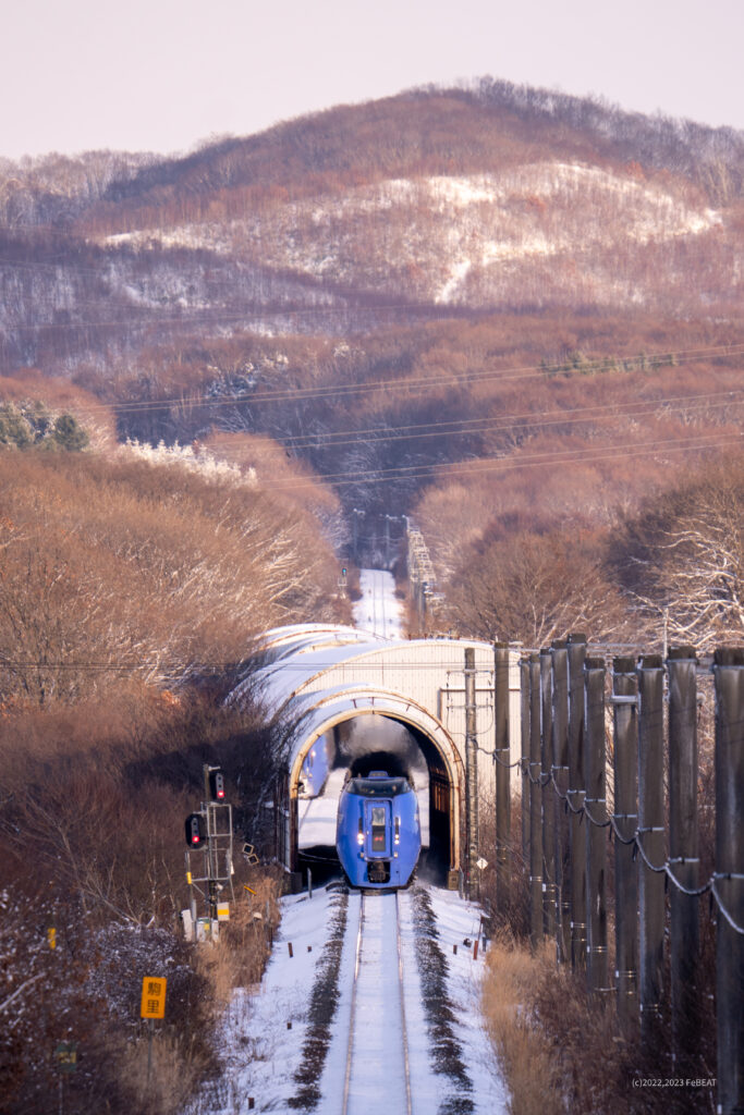 駒里信号場で対向列車と離合し石勝線を追分から南千歳へと走るキハ283系「おおぞら」