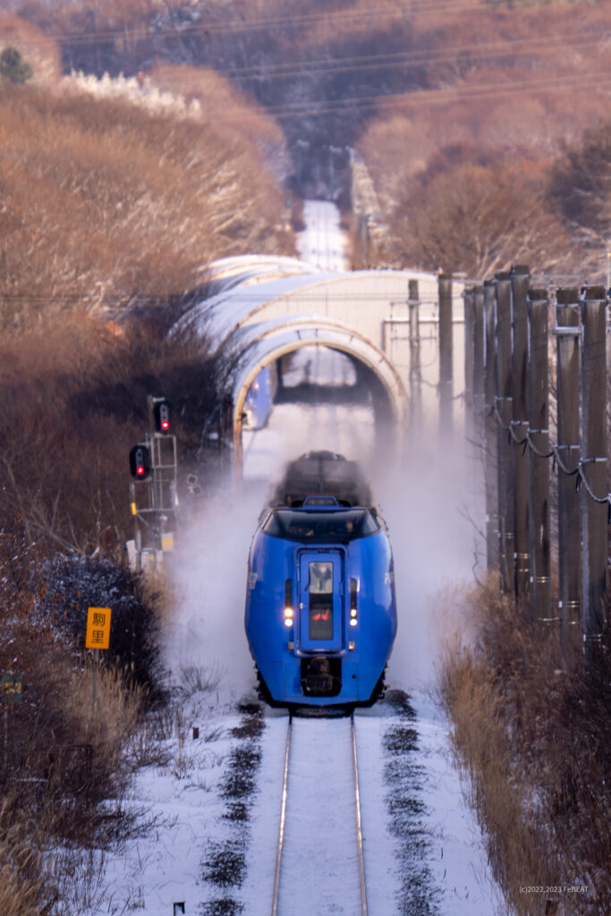 駒里信号場で対向列車と離合し石勝線を追分から南千歳へと走るキハ283系「おおぞら」