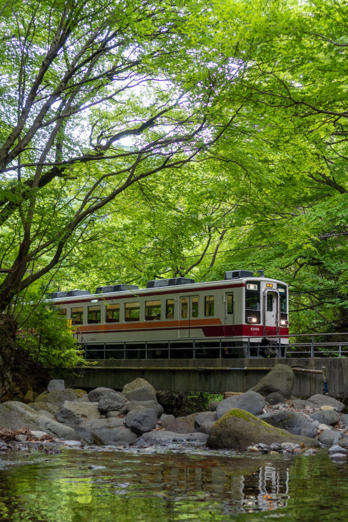 新緑の野岩鉄道会津鬼怒川線を龍王峡から川治温泉へと走る野岩鉄道6050系