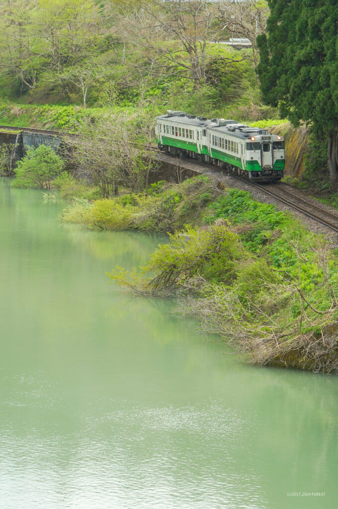 美しい新緑のなか只見線を会津中川から会津川口へと走るキハ40系