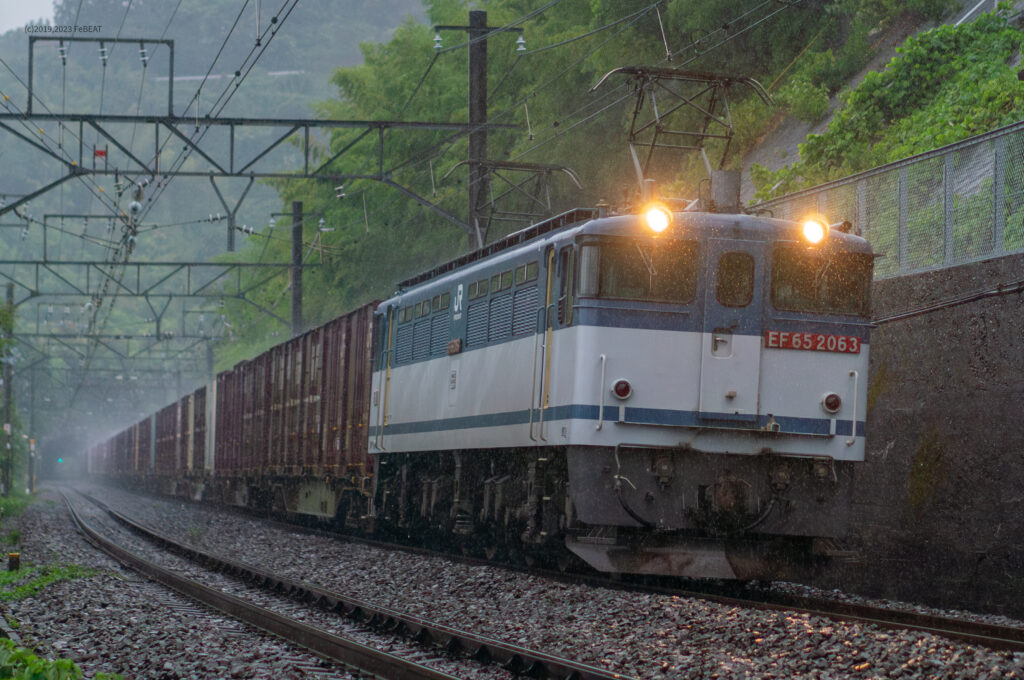 雨の東海道本線を真鶴から根府川へと走るEF65形牽引の貨物列車